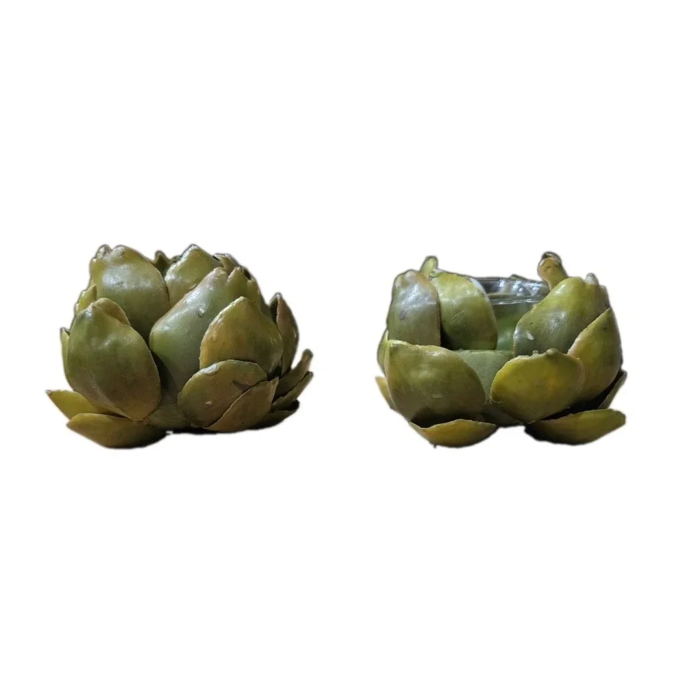 Set of 2 Green‎ Resin Artichoke Candle Holders Vegetable Goblincore Cottagecore